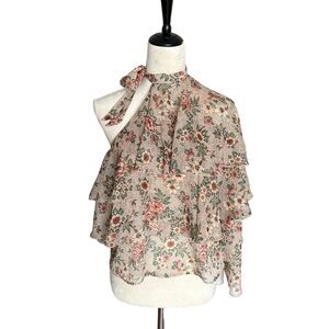 Zara floral one shoulder fun festival going out high neck neutral ruffle blouse
